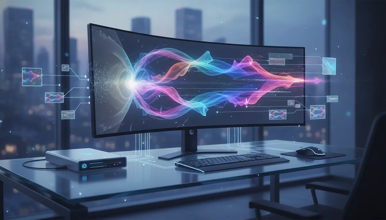 Abstract high-tech illustration of a local AI video generator workflow with connected nodes, flowing video frames, and server-to-monitor visualization in a Canadian city setting.