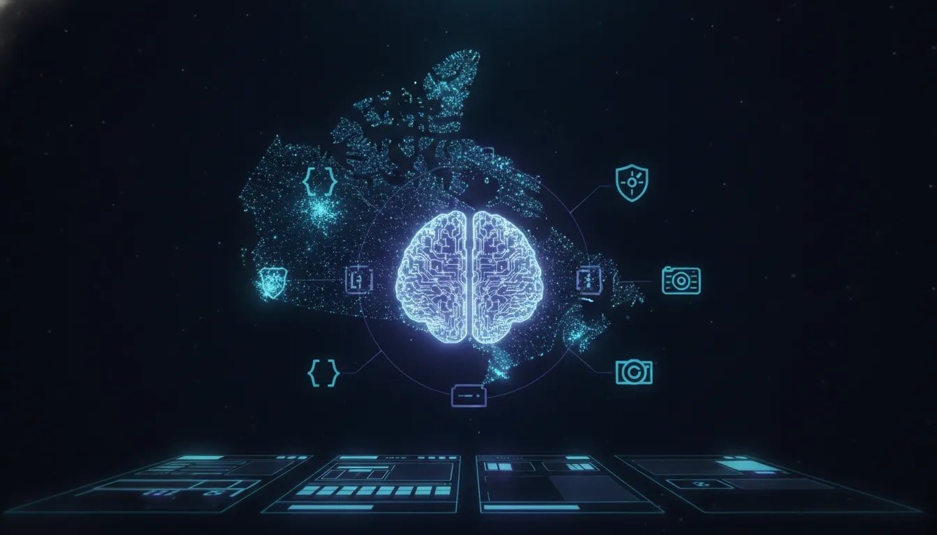 Futuristic wordless illustration of an open-source AI network powering cybersecurity, automation, research, and creative production over a glowing Canada map silhouette.