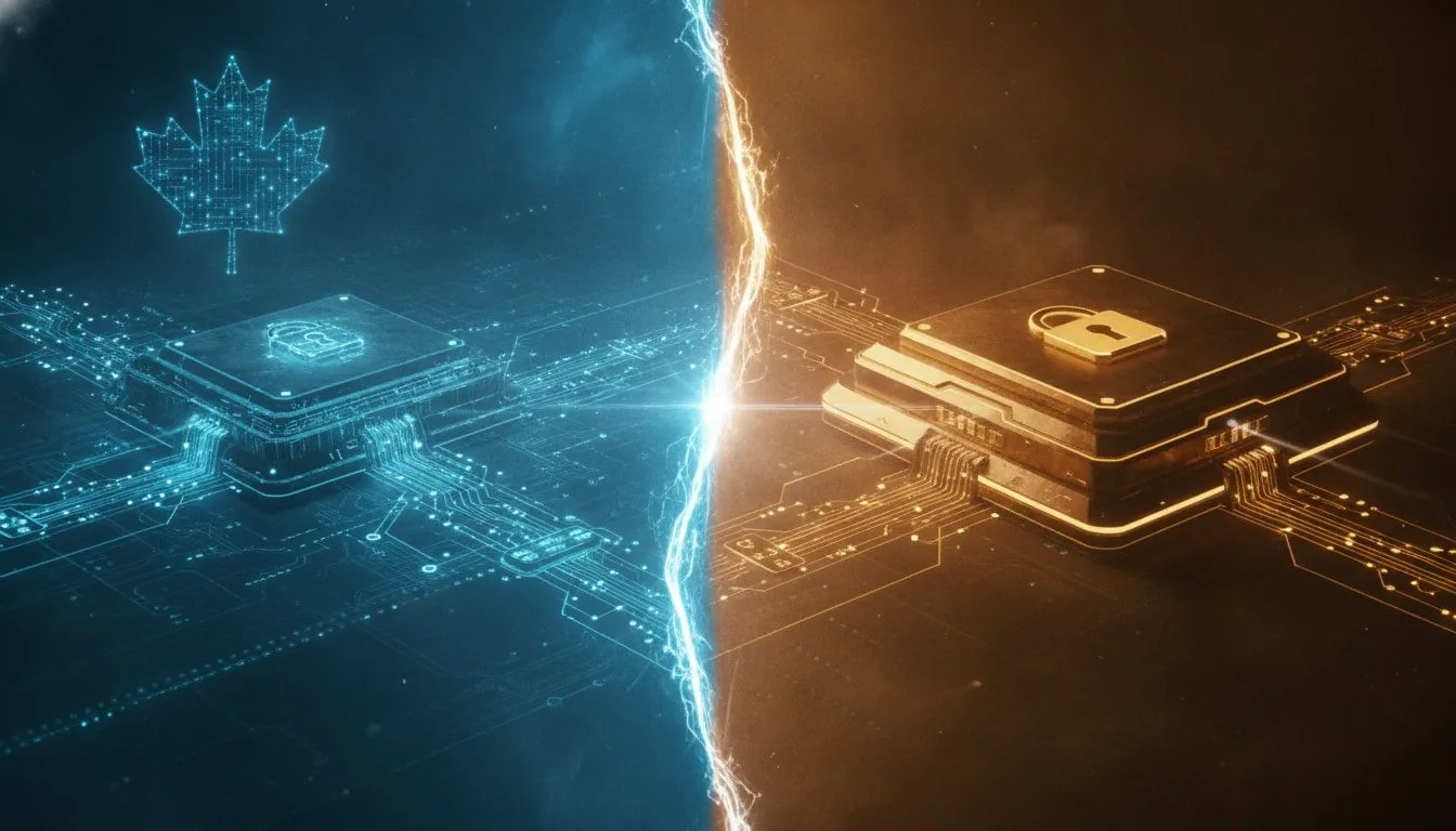 Split image symbolizing open-weights AI versus closed frontier models, with modular network on one side and a sealed premium server vault on the other, featuring subtle Canadian circuit and maple-leaf node motif.