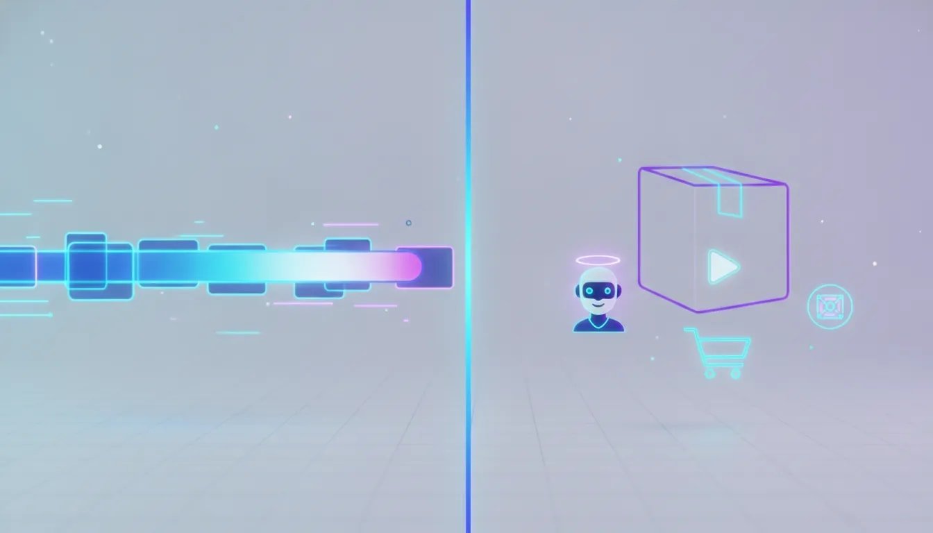 Futuristic split-screen illustration showing seamless AI video generation for consistent product ads, with e-commerce elements and an AI avatar, no text.