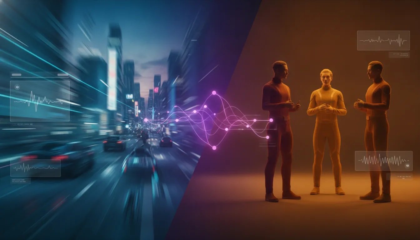 Split-screen futuristic artwork comparing two AI video generation approaches, showing high-action motion on one side and consistent character-driven scenes on the other, connected by holographic data flow.