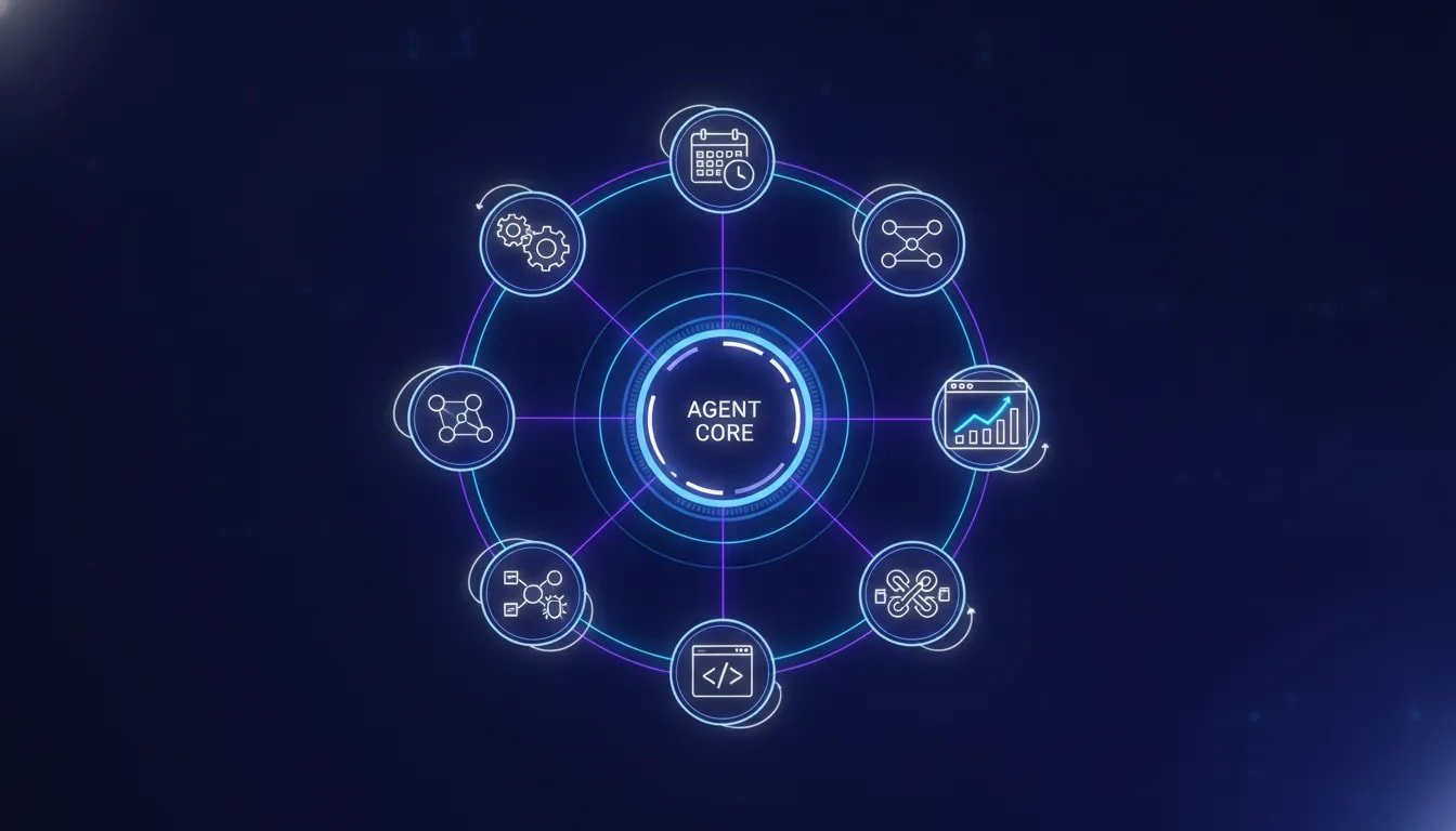 Illustration of self-improving 24/7 AI agents connecting tools, running automated workflows, and improving KPIs over time.