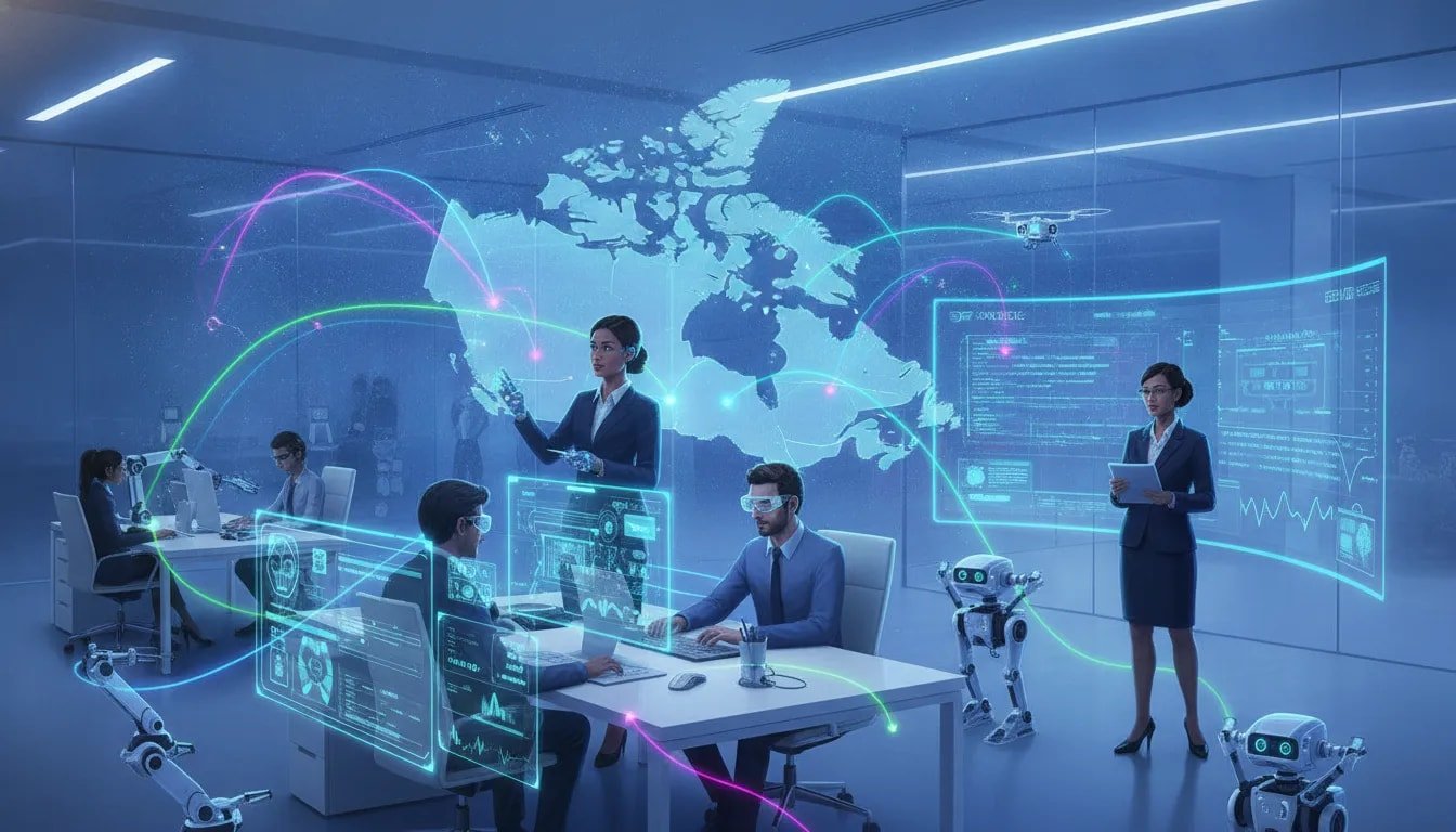 Holographic AI agents coordinating fast, real-time work across a futuristic Canadian tech landscape, connected by glowing networks and assisting professionals.