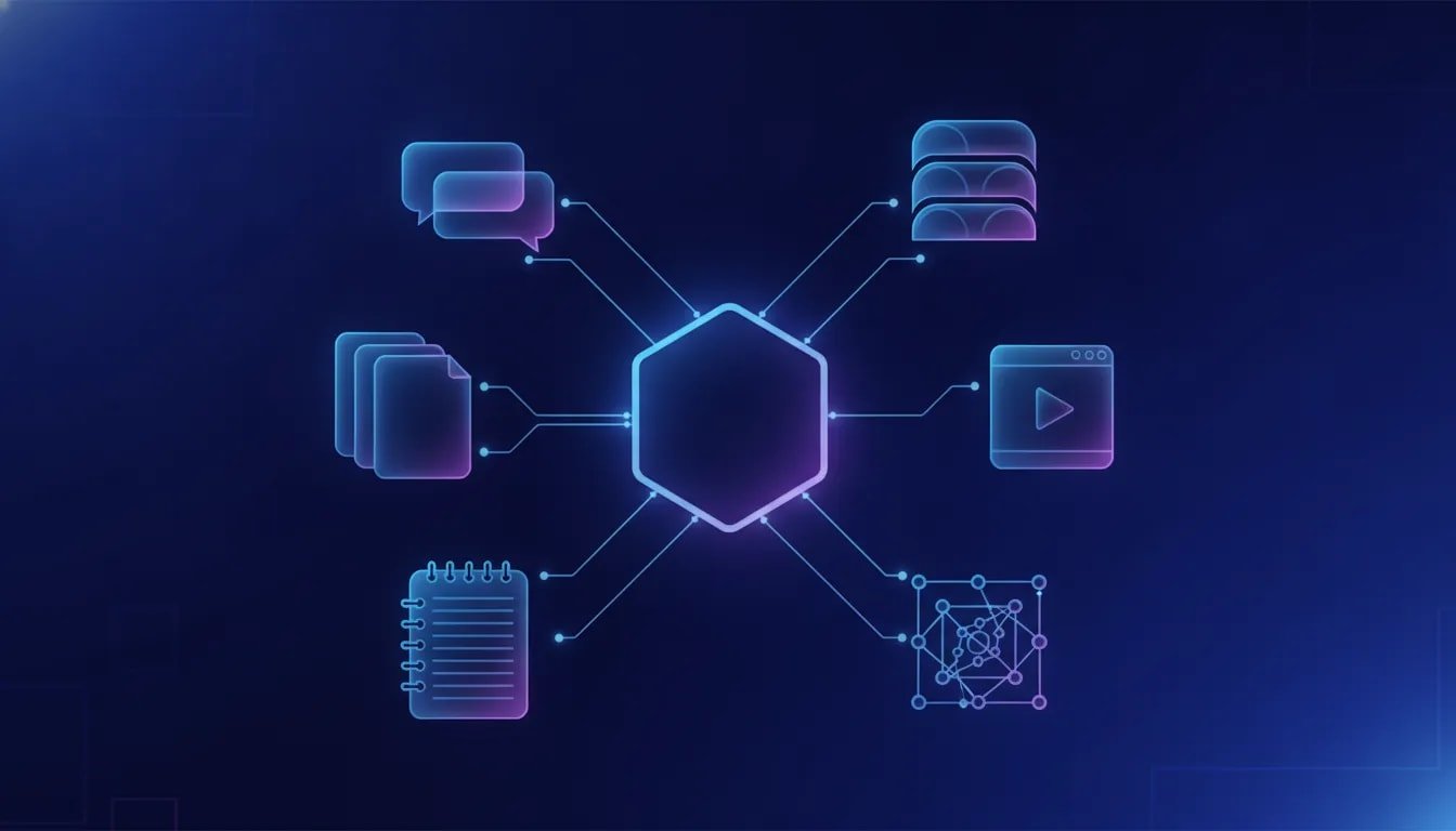 Unified AI workspace dashboard visualizing connected research, chat, documents, and media in one interface, with no text.