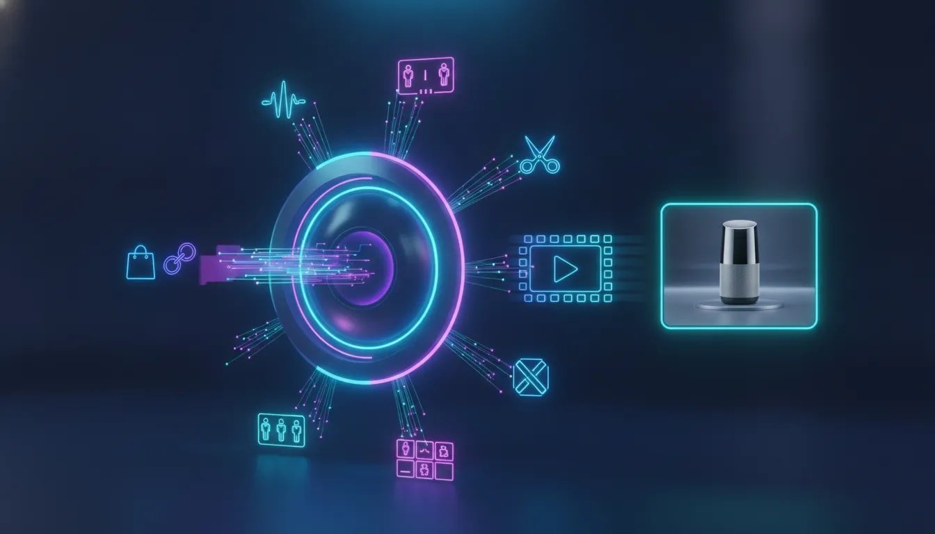 Futuristic illustration of an AI agent converting a product link and image into a finished video ad with connected workflow icons.