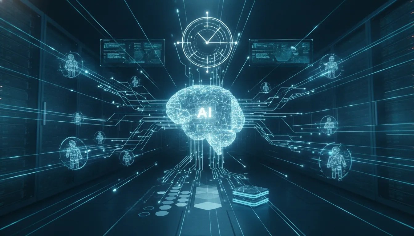 Futuristic illustration showing AI agents orbiting a central core with glowing network paths, efficient caching layers, and precise timing light rings representing a faster, lower-cost model upgrade.