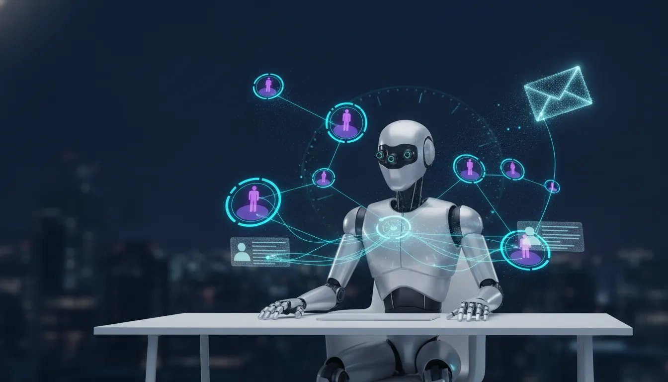 Futuristic AI agent automating client prospecting, lead enrichment, and personalized outreach at night with glowing data streams across a business network