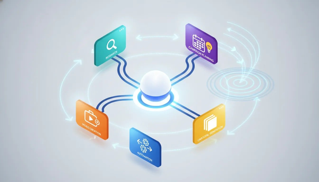 Illustration of an AI content creation workflow with a central hub connected to panels for research, campaign planning, video creation, carousel generation, and automation.