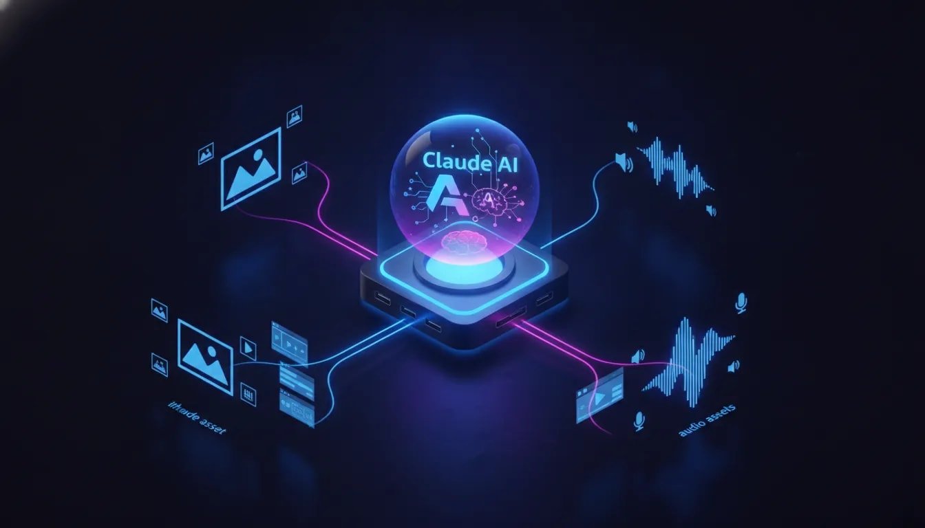 Abstract tech illustration of an AI creative pipeline with a central hub connecting to image, video, and audio asset streams, symbolizing Claude AI powered by an MCP workflow.