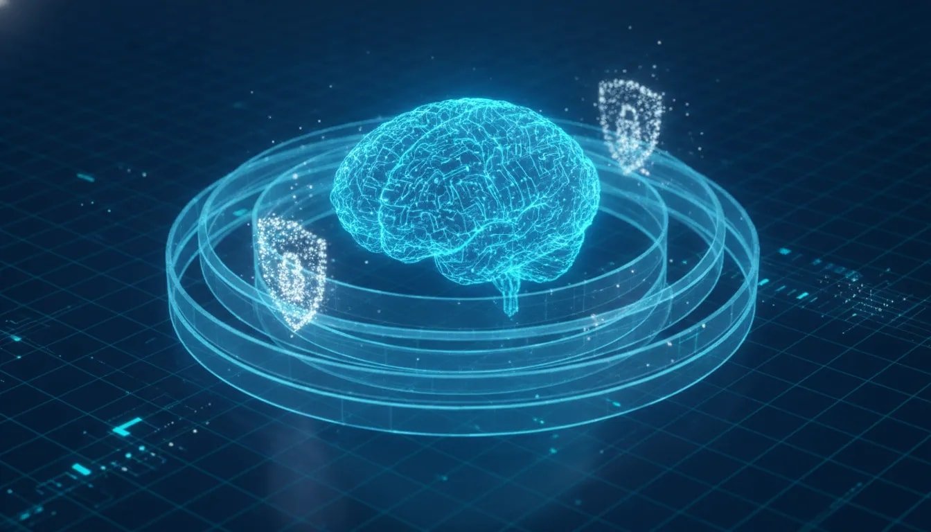 Futuristic AI brain with glowing circuit loops and a cybersecurity shield motif, symbolizing inspectability challenges in advanced AI systems.