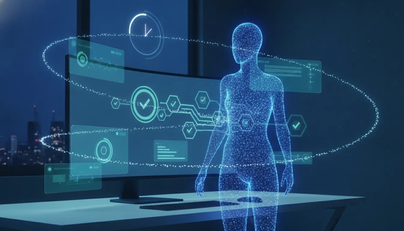 Futuristic illustration of a holographic AI digital worker coordinating multi-stage tasks and progressing through checks on a glowing network display at night.