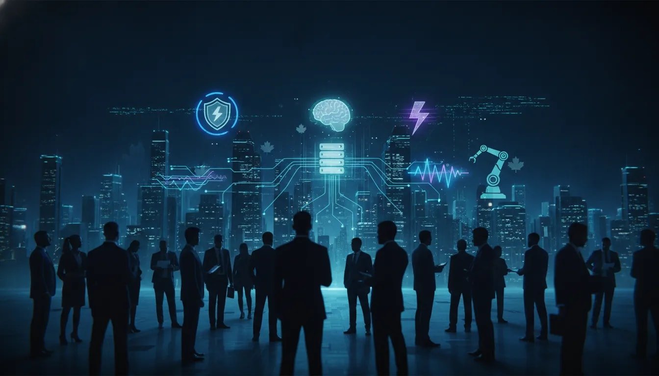 Abstract AI news hero image showing interconnected security, fast decision, multimodal data streams, robotics, and infrastructure elements over a Canadian-themed digital cityscape, with no text.