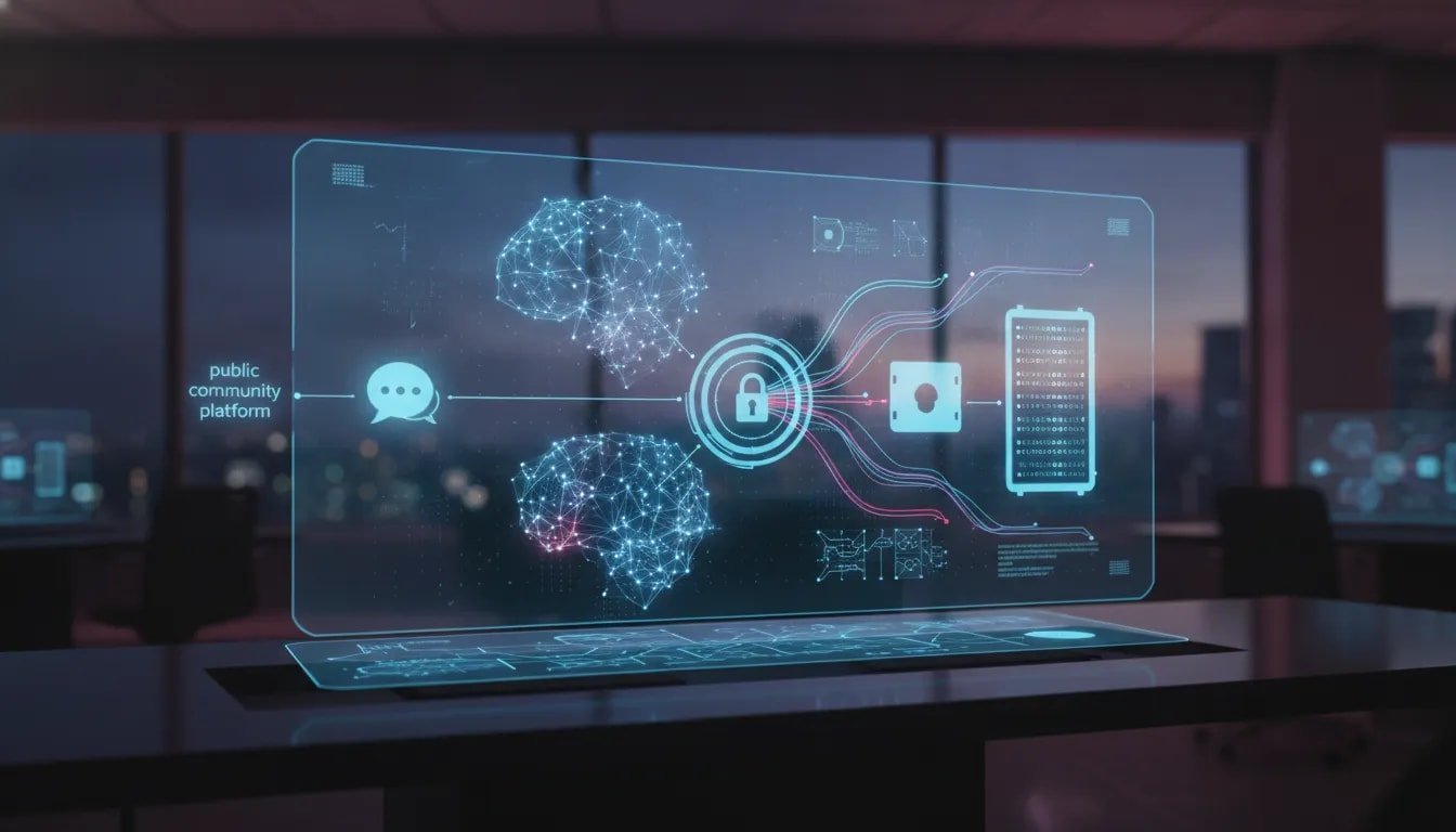 Futuristic holographic network showing AI agents and glowing connections from a public platform to a secure vault, symbolizing AI-powered cybersecurity risk and vulnerability testing