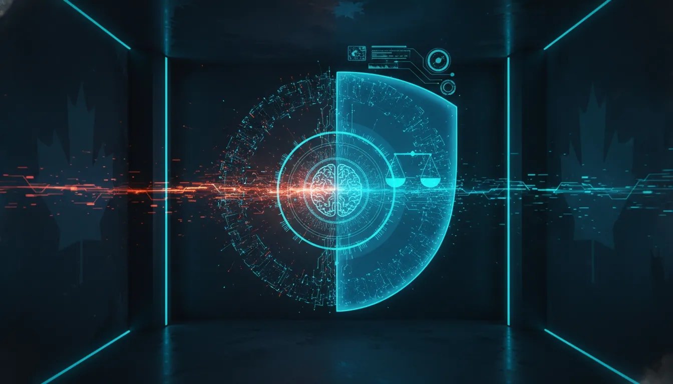 Futuristic editorial illustration showing an AI system recursively improving itself within a monitored safety framework, with glowing circuitry loops and a protective shield.
