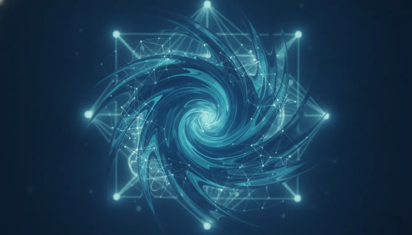 Abstract cinematic illustration of an AI discovery guiding a swirling fluid flow toward an ordered solution, symbolizing breakthroughs in fluid dynamics and mathematics without any text.