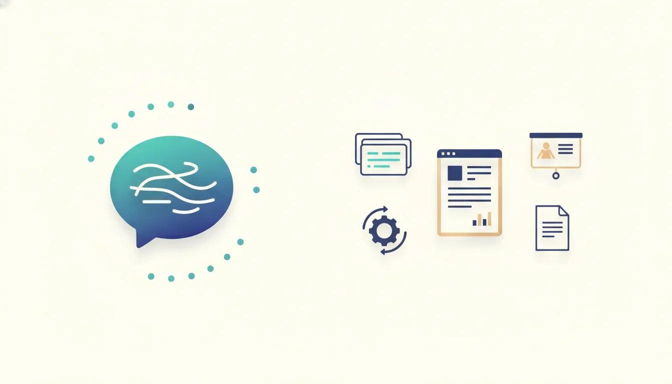 Illustration comparing a chat-style AI generating text with an AI productivity tool creating usable deliverables like slides, reports, and automations, shown with a subtle seven-day progress theme.