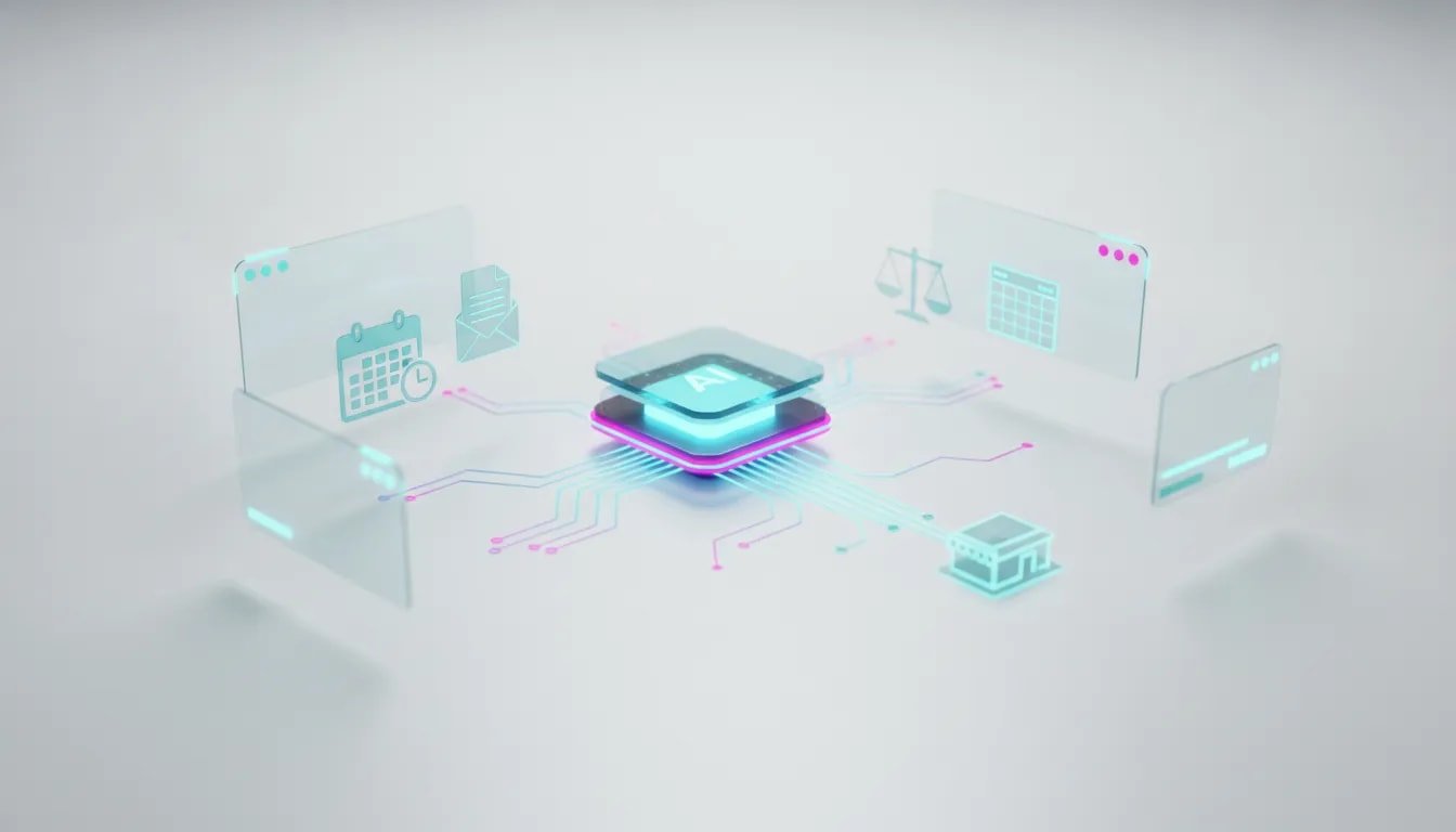Futuristic illustration of AI upgrades powering small business automation with connected workflow nodes, document creation, and workflow handoffs