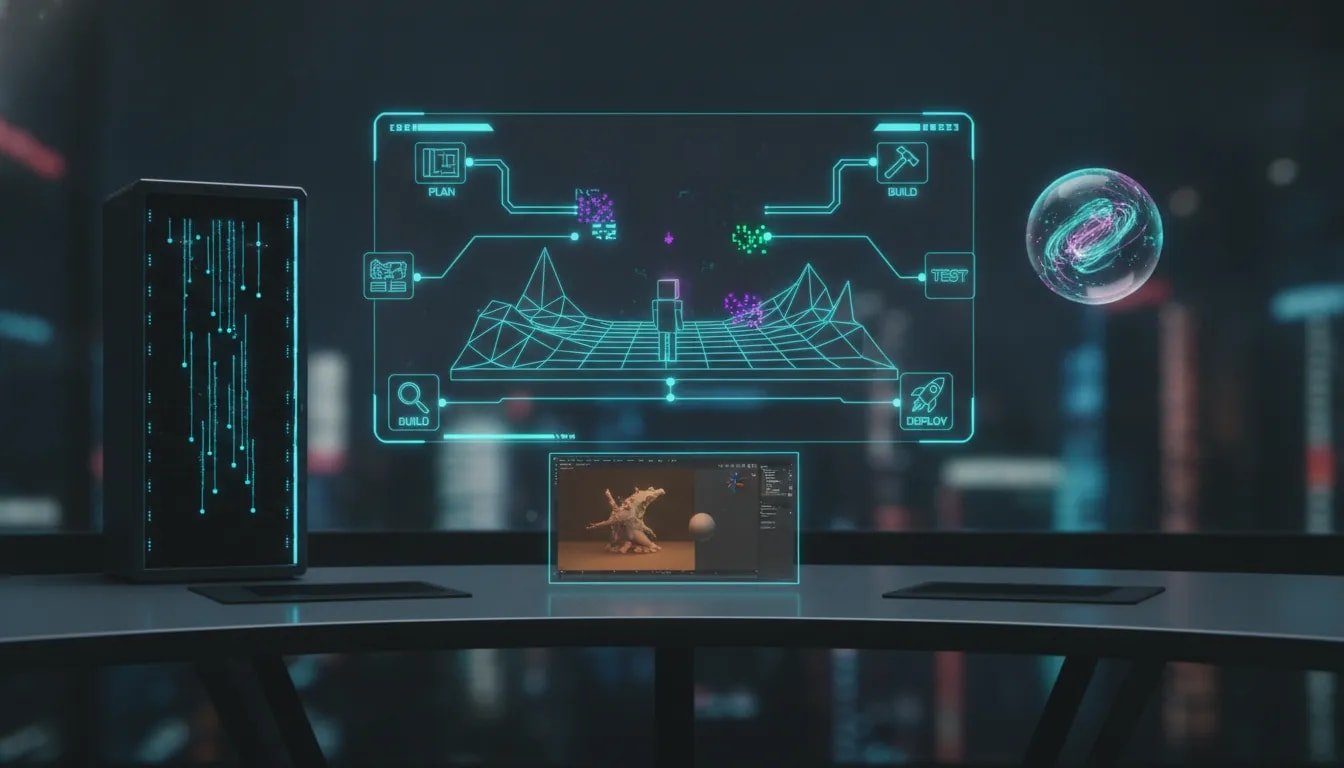 Futuristic holographic interface showing an AI building pipeline for 3D games, apps, server deployment, and an always-on agent concept with no text.