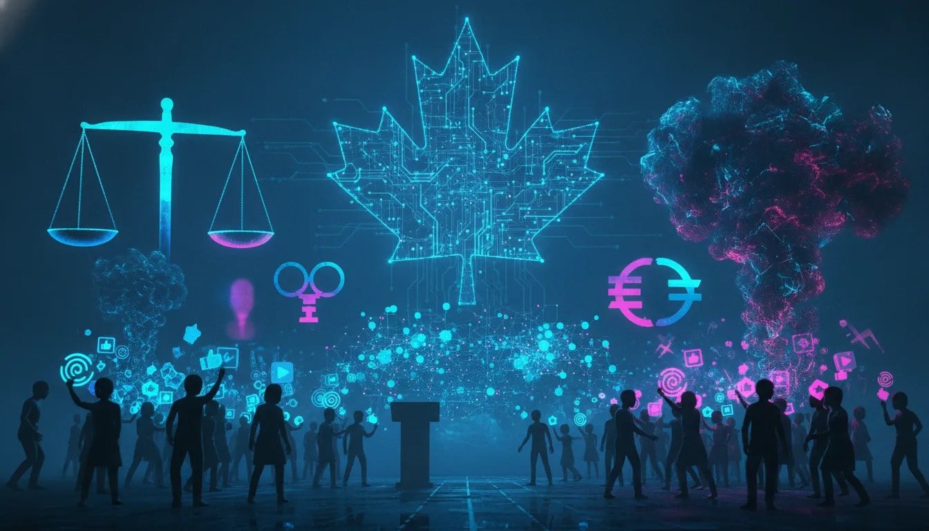 Editorial illustration showing AI safety panic as a glowing social-media cloud over a Canadian tech network, with abstract media, political influence, and a balance scale representing scrutiny.