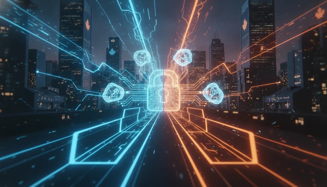 Futuristic Canadian city with a circuit-locked gate redirecting holographic AI data streams, symbolizing restricted model access and a growing AI platform war.