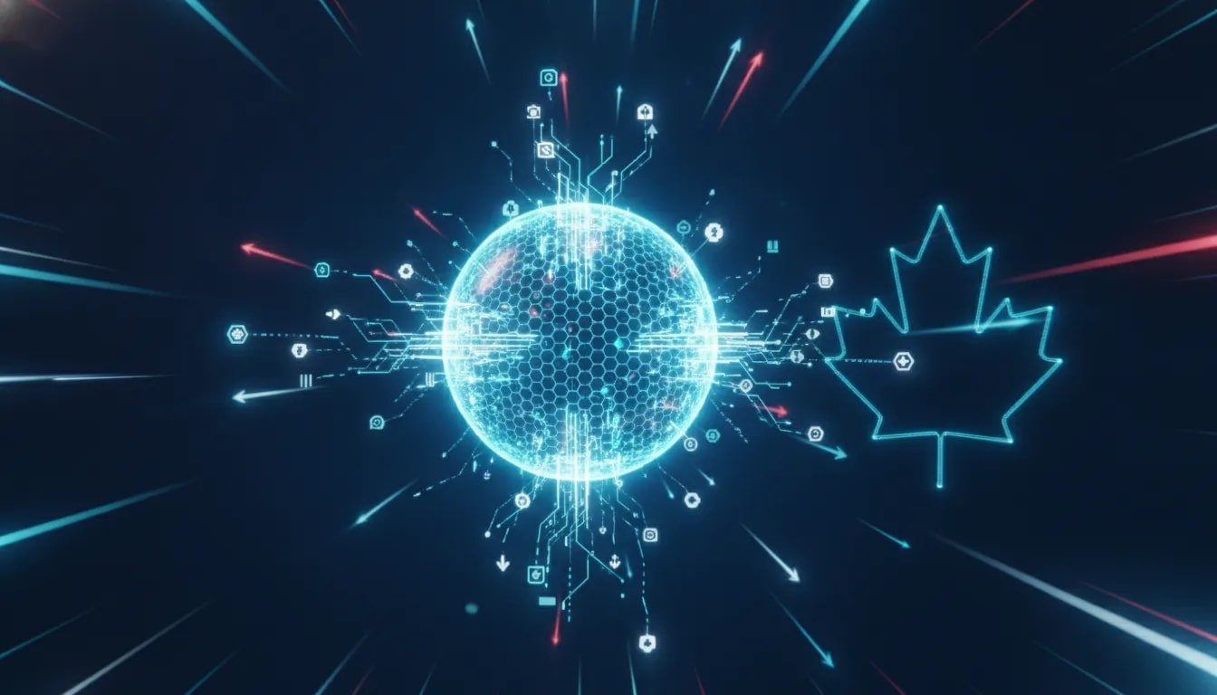 Futuristic AI decision engine with glowing circuits and branching workflow nodes, representing ultra-fast business automation in Canada.