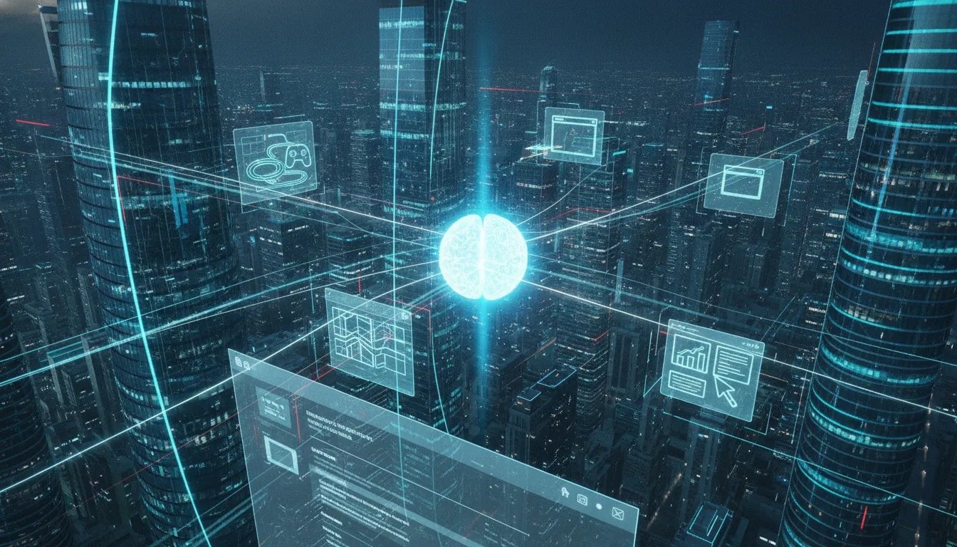Futuristic Canadian tech city with a glowing AI core linking holographic game, simulation, website, presentation, and document interfaces to suggest rapid end-to-end software creation