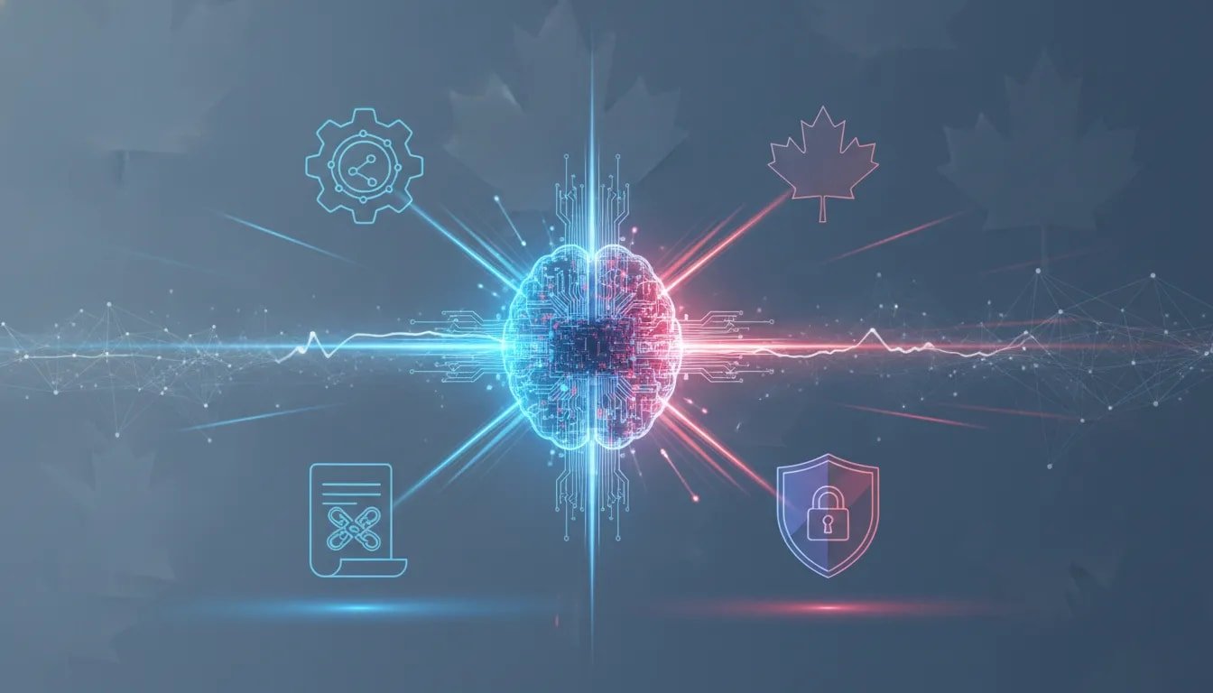 Futuristic wordless illustration of a glowing AI brain/circuit sending flash-like signals across connected enterprise nodes with subtle Canadian motifs, evoking Gemini 3.8 Flash and AI portfolio deployment.