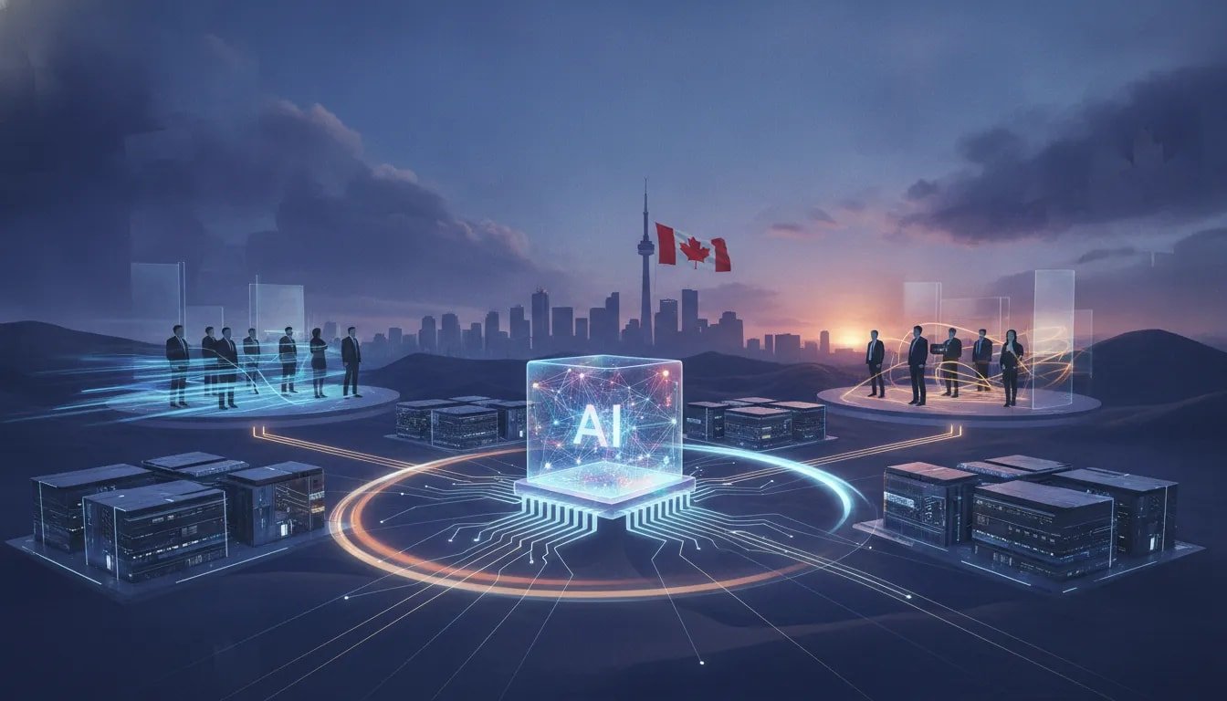 Futuristic Canadian tech scene illustrating AI pacing and oversight: a central neural hologram with slowing motion effects connected to data centers, balanced by safeguarded decision-makers at dusk.