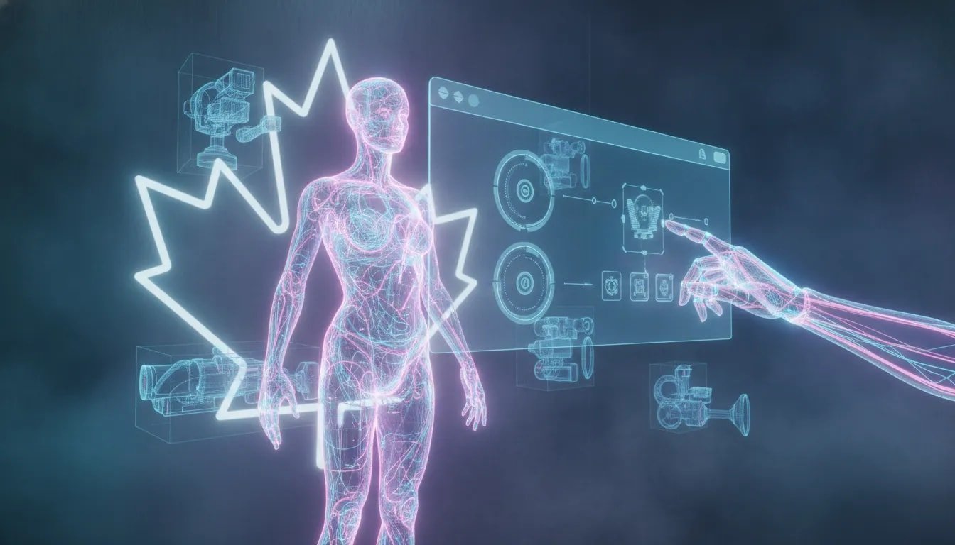 Futuristic Canadian tech concept art illustrating an AI agent controlling browser automation and generating 3D holographic assets, rendered without any text.
