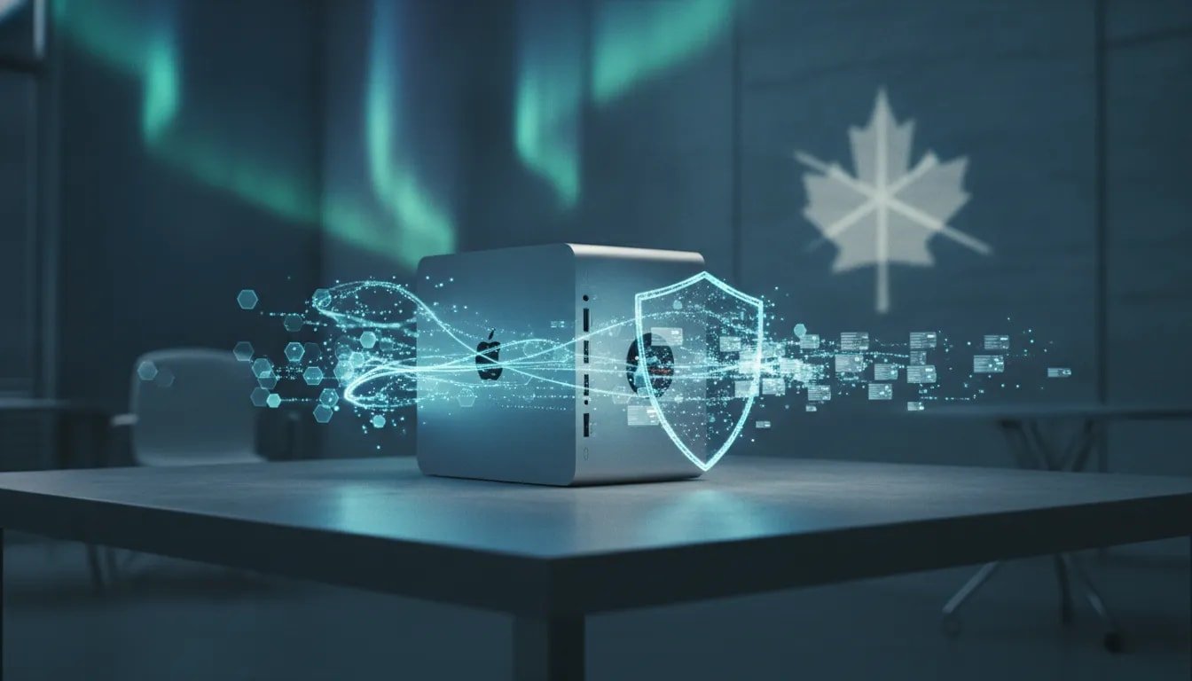 Photorealistic tech image showing a desktop Mac mini/Mac Studio as an always-on local AI intelligence hub with glowing agent-like data processing and a privacy shield motif, no text.
