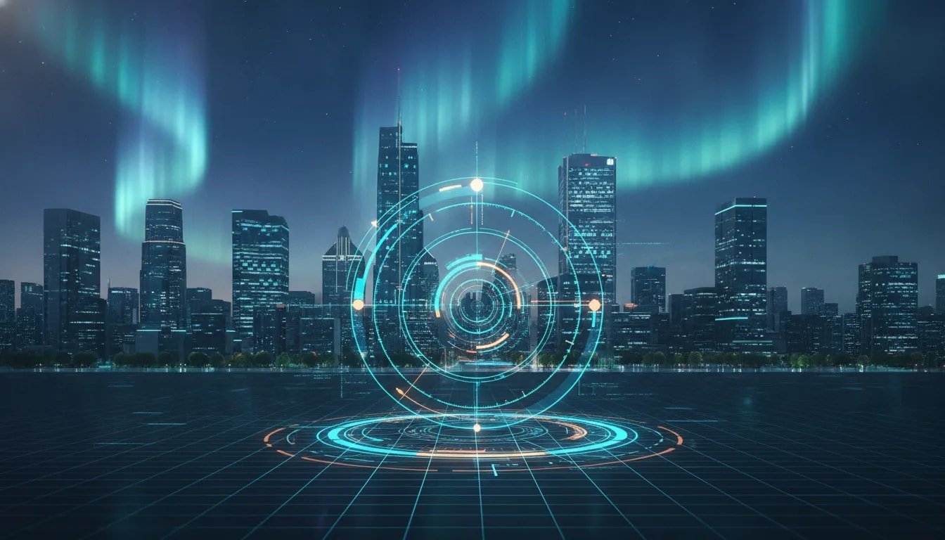 Futuristic Canadian city with an illuminated recursive AI loop of interconnected nodes, symbolizing recursive self-improvement and an AI inflection point.