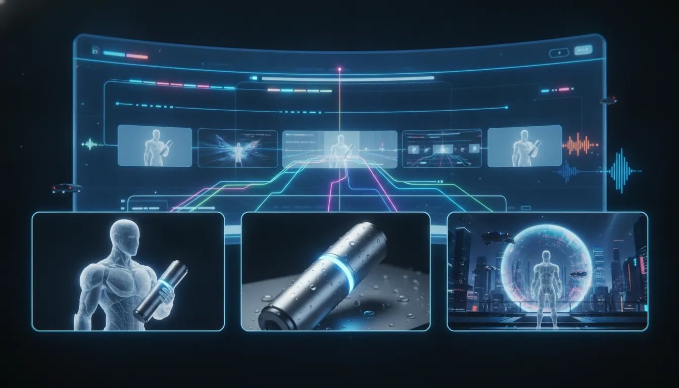 Cinematic AI video workflow illustration showing consistent character and product across longer AI-generated scenes with abstract audio-reactive visuals