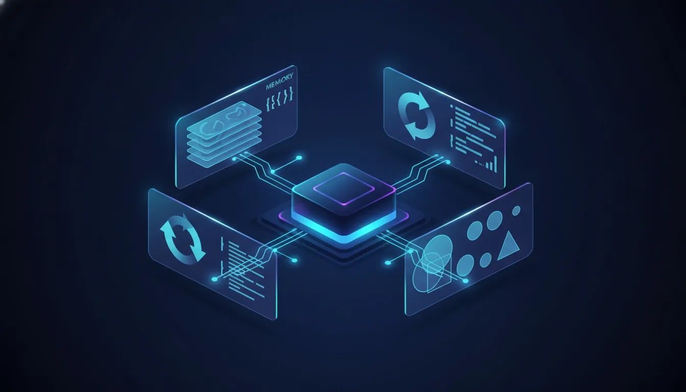Futuristic AI network illustration representing an update with memory layers, automation flows, and coding and design functions, with glowing nodes and no text.