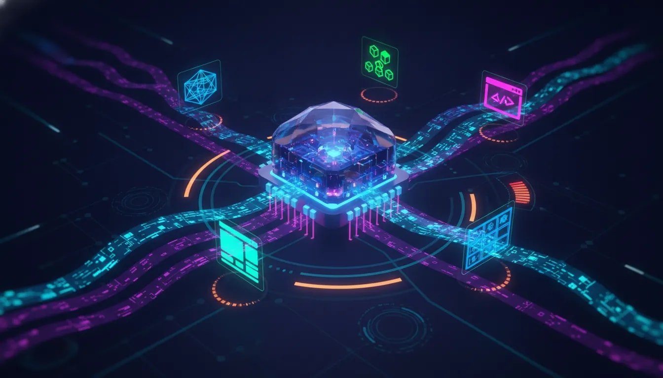 Futuristic AI core with holographic capabilities and visual hints of cost, speed trade-offs, and usage limits—no text.