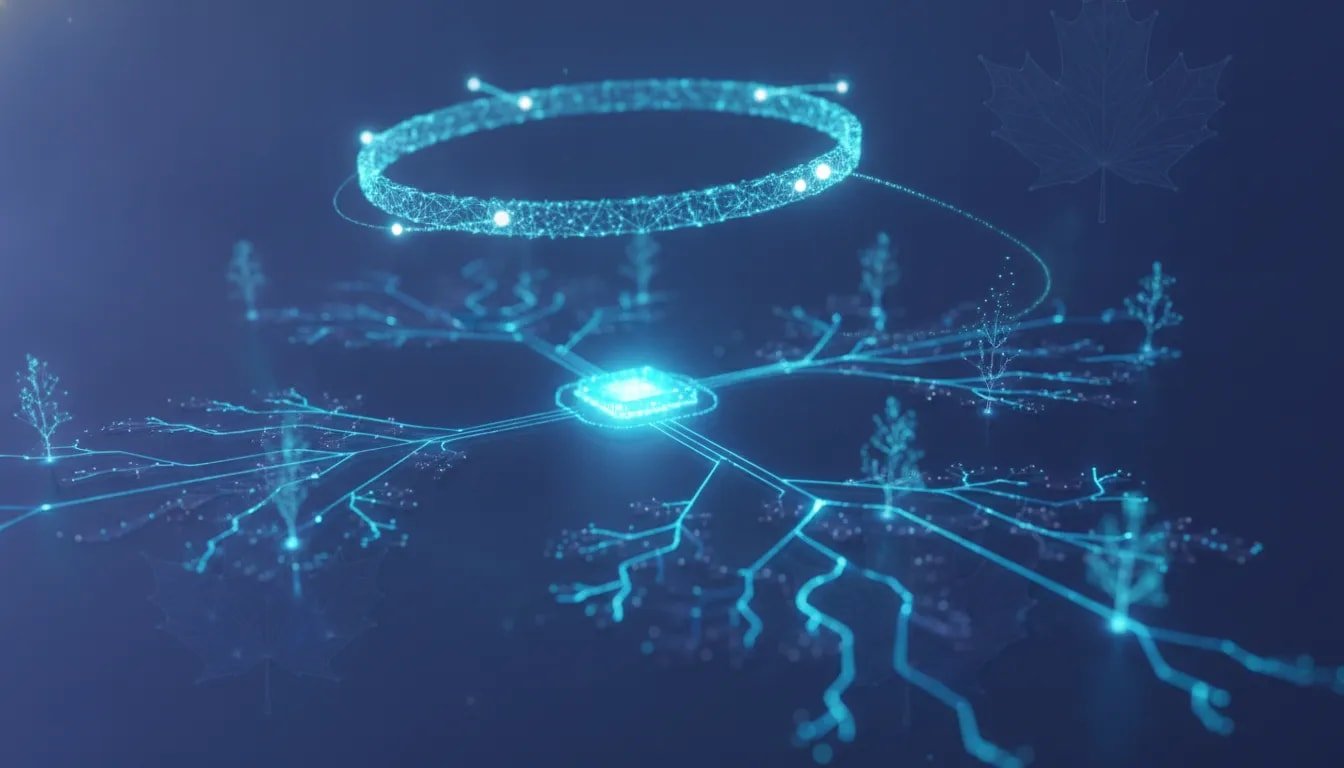 Futuristic illustration showing AI recursive self-improvement: a glowing core running branching simulations while a higher-level system selects the next best research path, rendered in clean blue and purple holographic tones.