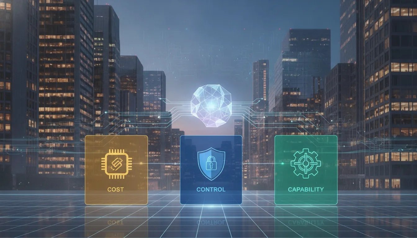 Illustration showing enterprise AI focus on cost control and capability with color-coded holographic icons connected to an abstract AI core