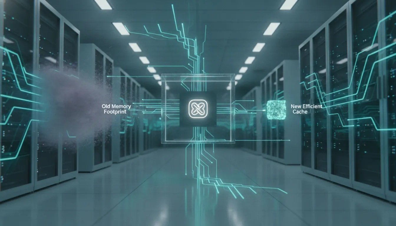 Futuristic data center with holographic AI networks showing a dramatically reduced memory cache footprint and faster enterprise model performance, with no text or logos.
