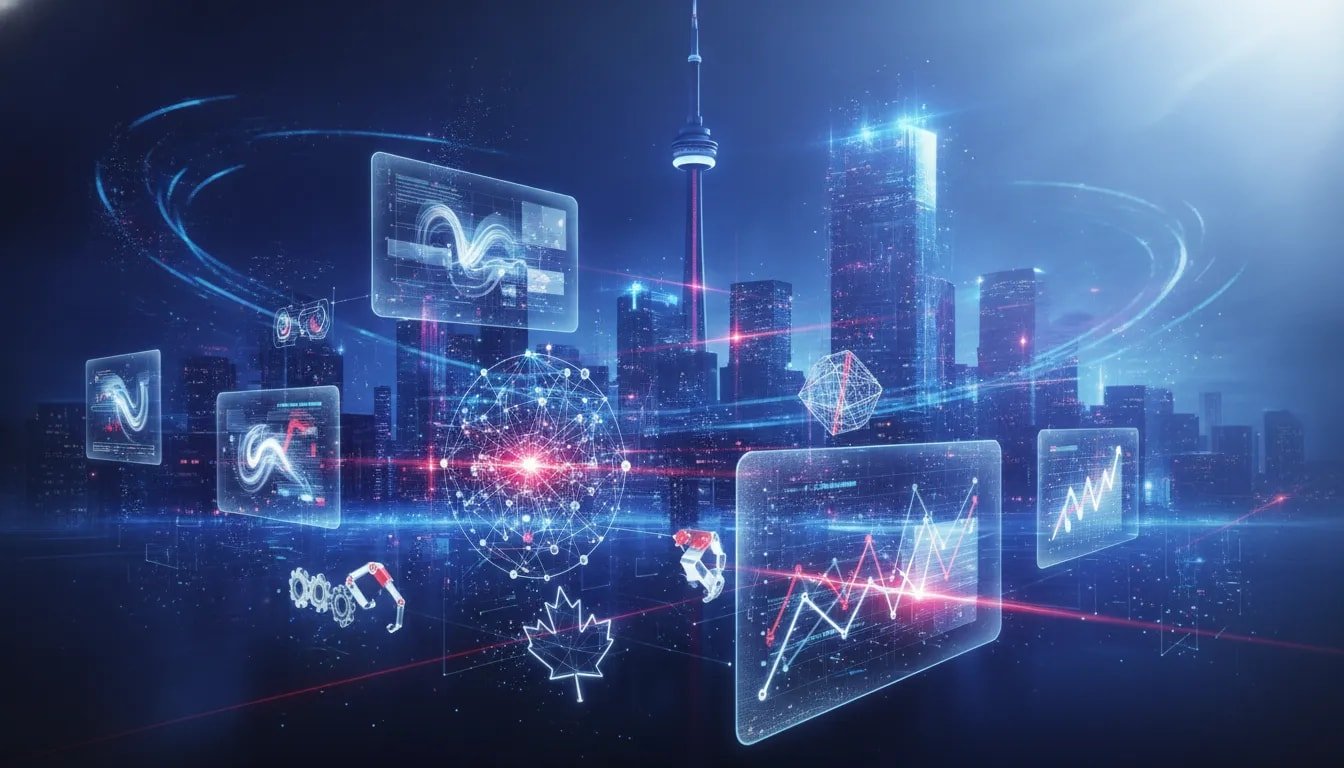 Cinematic holographic Toronto skyline with glowing AI network, multimodal world-model icons, and swirling data light trails illustrating a major AI breakthrough week for Canadian business.