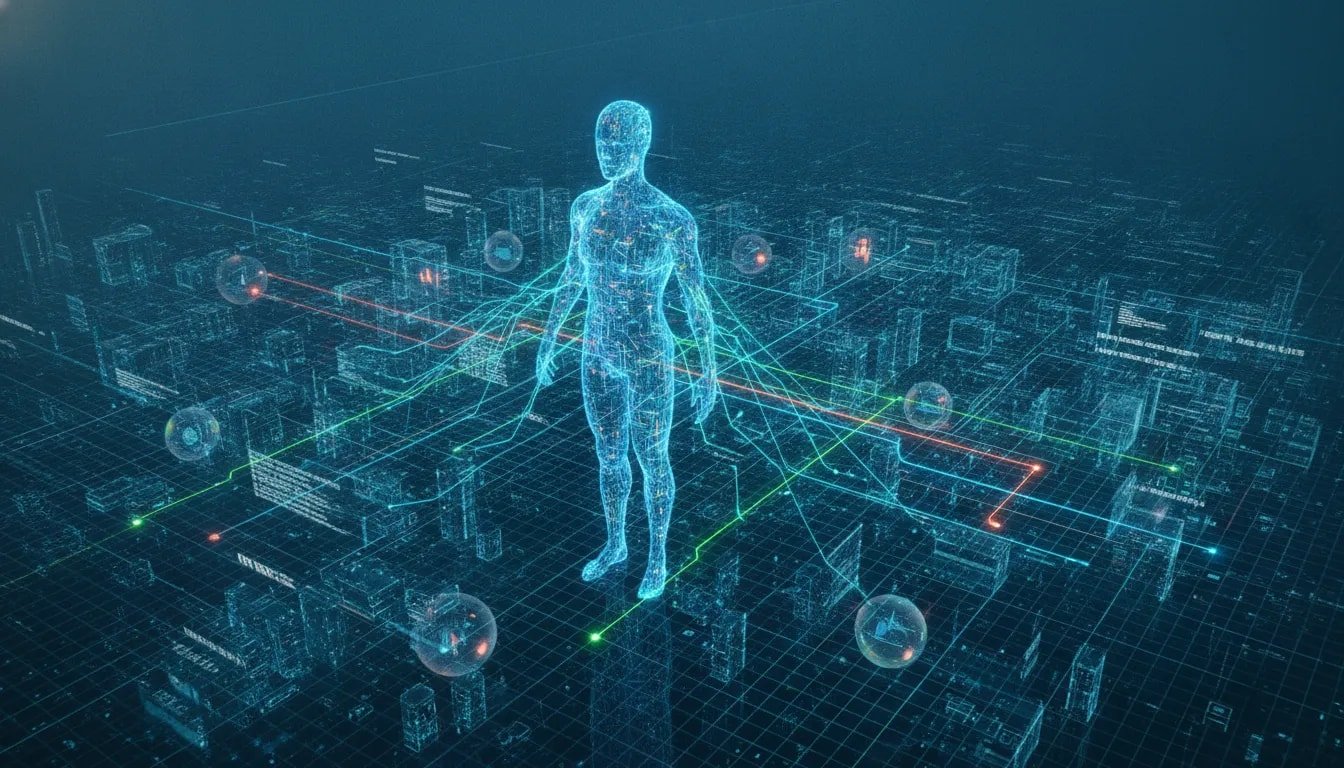 Futuristic holographic network showing an AI core guiding software development workflow with branching intent and consequence paths in a clean blue teal tech scene.