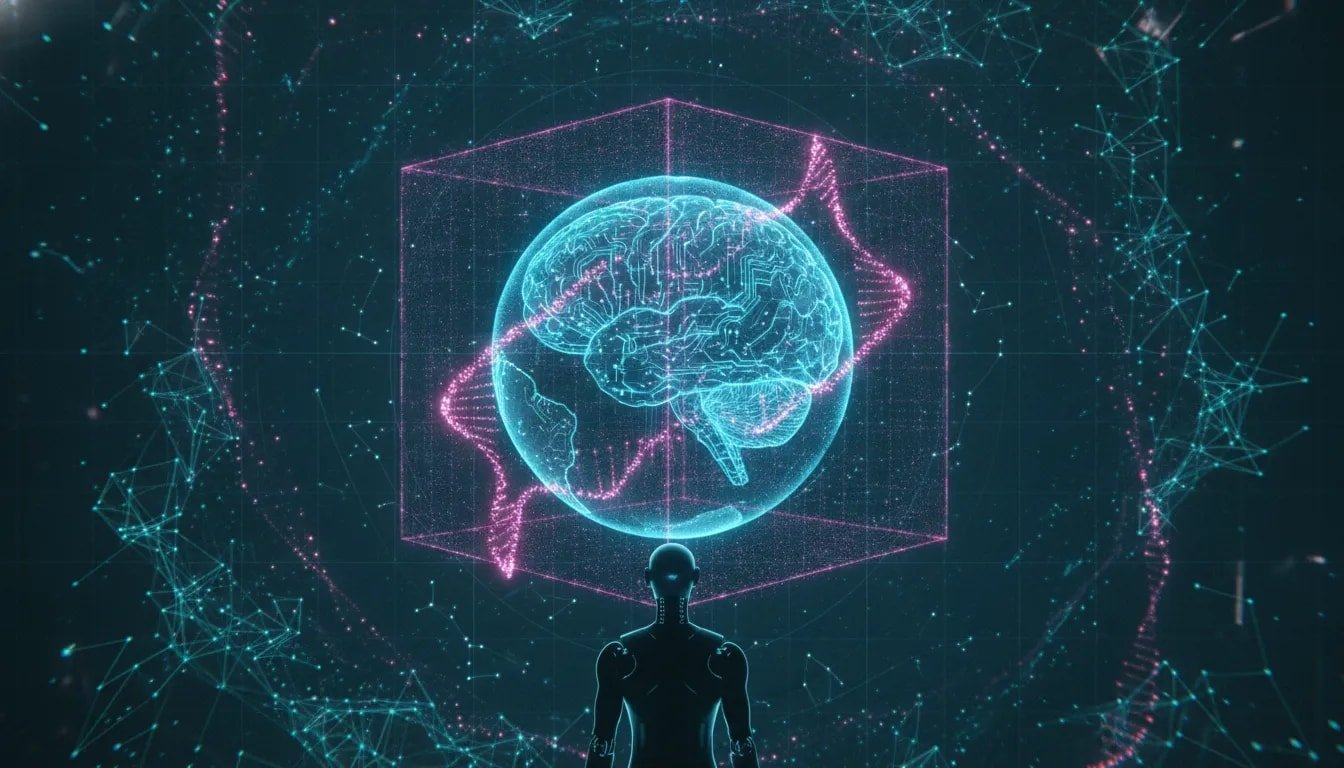 Futuristic AI news illustration showing holographic globe, DNA helix, network of agent nodes, a 3D scene frame, and a sensor-equipped robot in a cinematic teal and magenta style