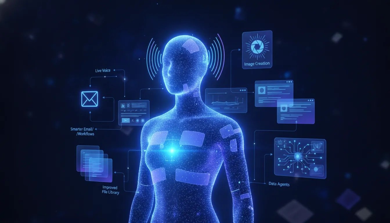 Futuristic holographic illustration showing interconnected AI features such as live voice waves, image generation tiles, workflow routing, a file library, and data dashboard nodes