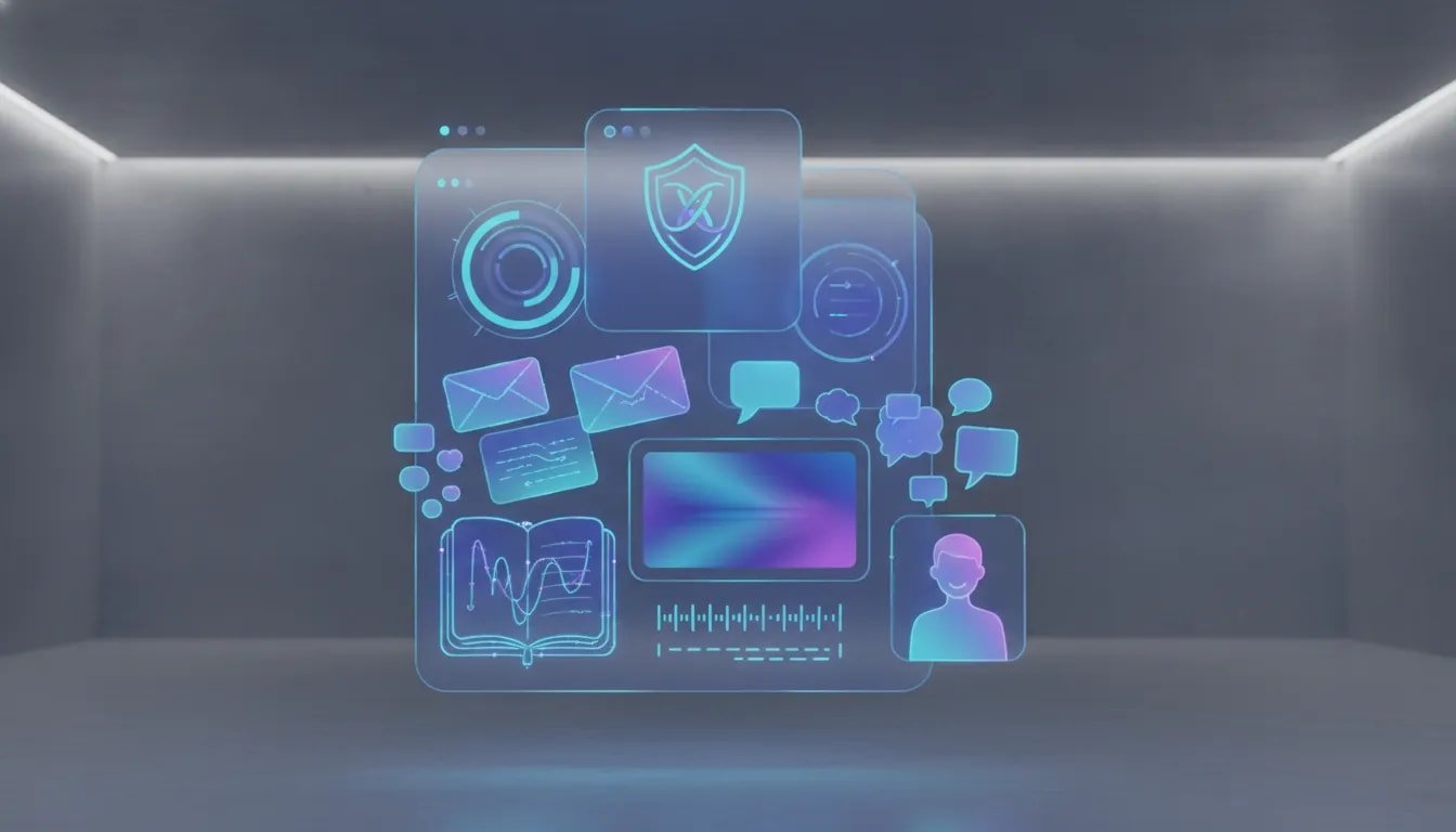 Futuristic wordless illustration of AI privacy, analytics, multi-inbox actions, sticker creation, research notebooks, generative video, transcription, and personal avatars shown as glowing UI elements