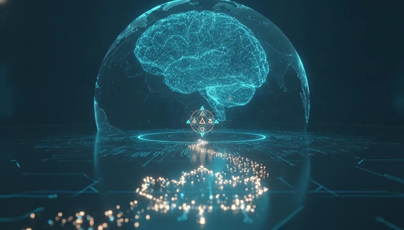 Futuristic holographic brain and digital network imagery symbolizing a first glimpse of AGI in a cinematic editorial scene