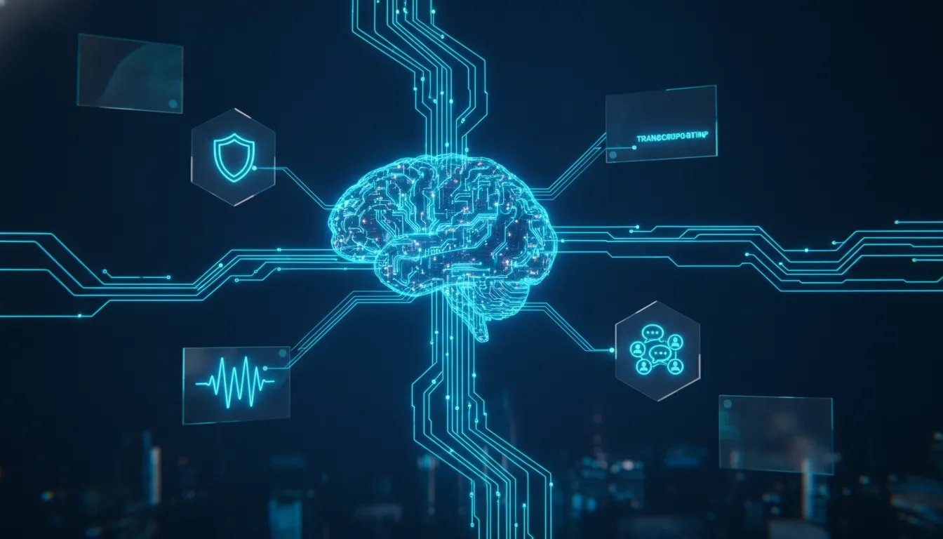 Futuristic AI network illustration showing fast Gemini model upgrades with connected nodes, cybersecurity shielding, and live automation signals.