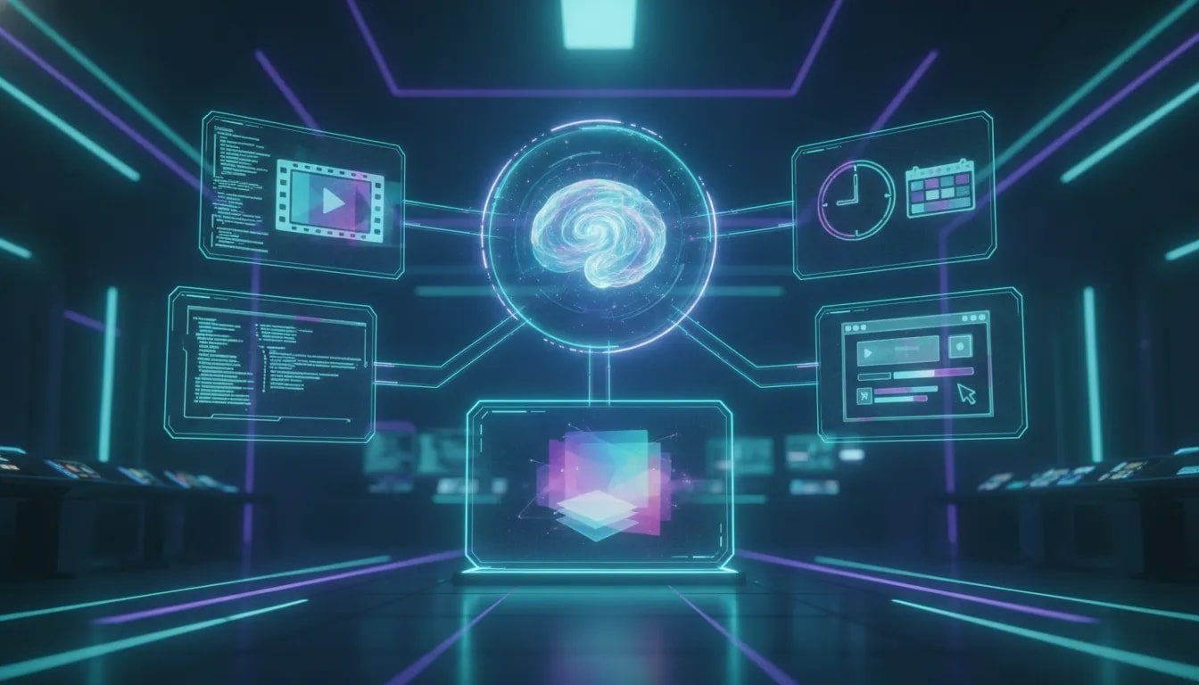 Futuristic wordless illustration showing AI automation workflows for coding, video editing, scheduled tasks, and browser operations around a central holographic interface.