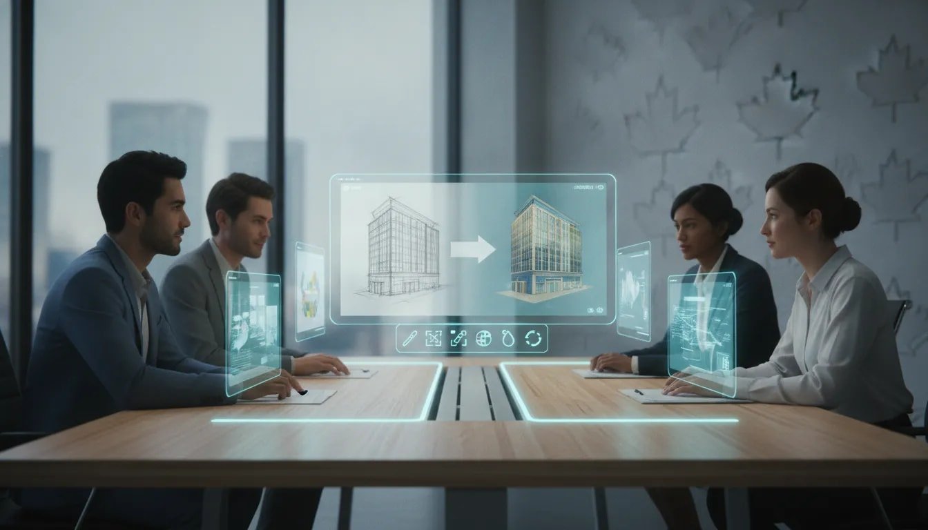 Illustration of a Canadian business team using an AI image generation and editing interface to refine creative work, showing iterative progress without any text.