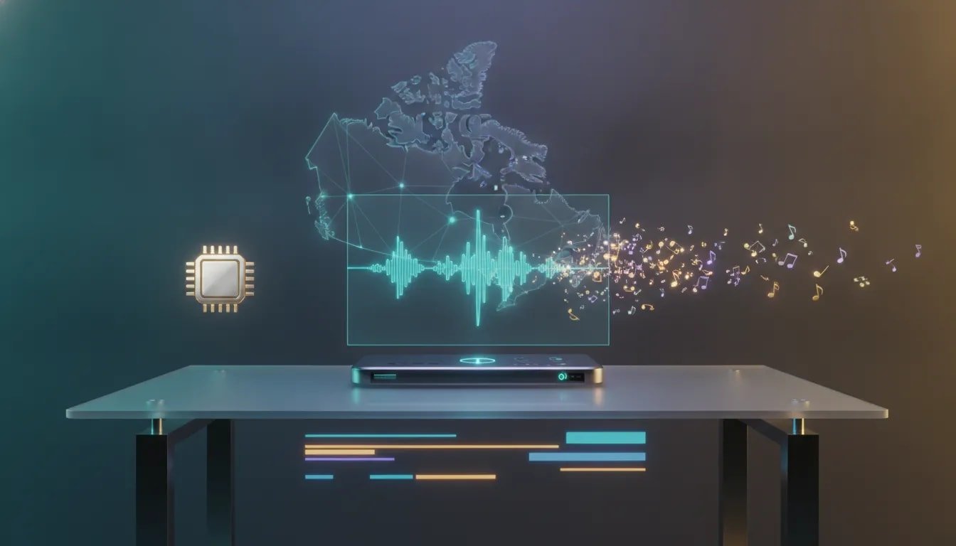 Futuristic illustration of a local AI music generator workflow with holographic waveforms, editing controls, and an abstract Canada-inspired background, with no text.