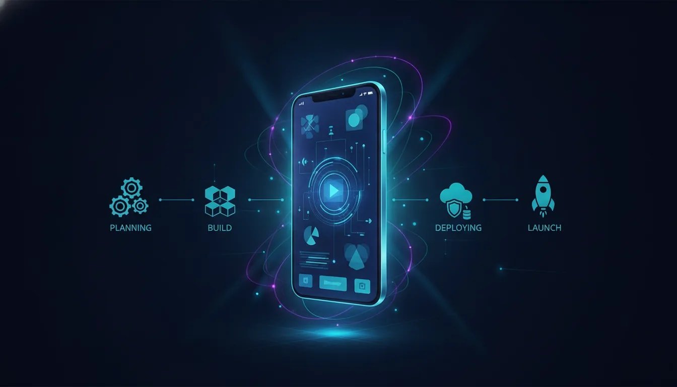 Illustration of a smartphone with abstract AI connections and graphical launch elements symbolizing no-code AI mobile app building and publishing.