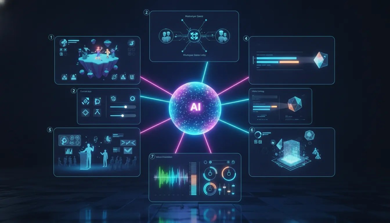 Futuristic illustration showing seven interconnected AI use cases—interactive game worlds, custom apps, video editing, consulting presentations, 3D real-estate mockups, and music production—linked by a central glowing AI core with no text.