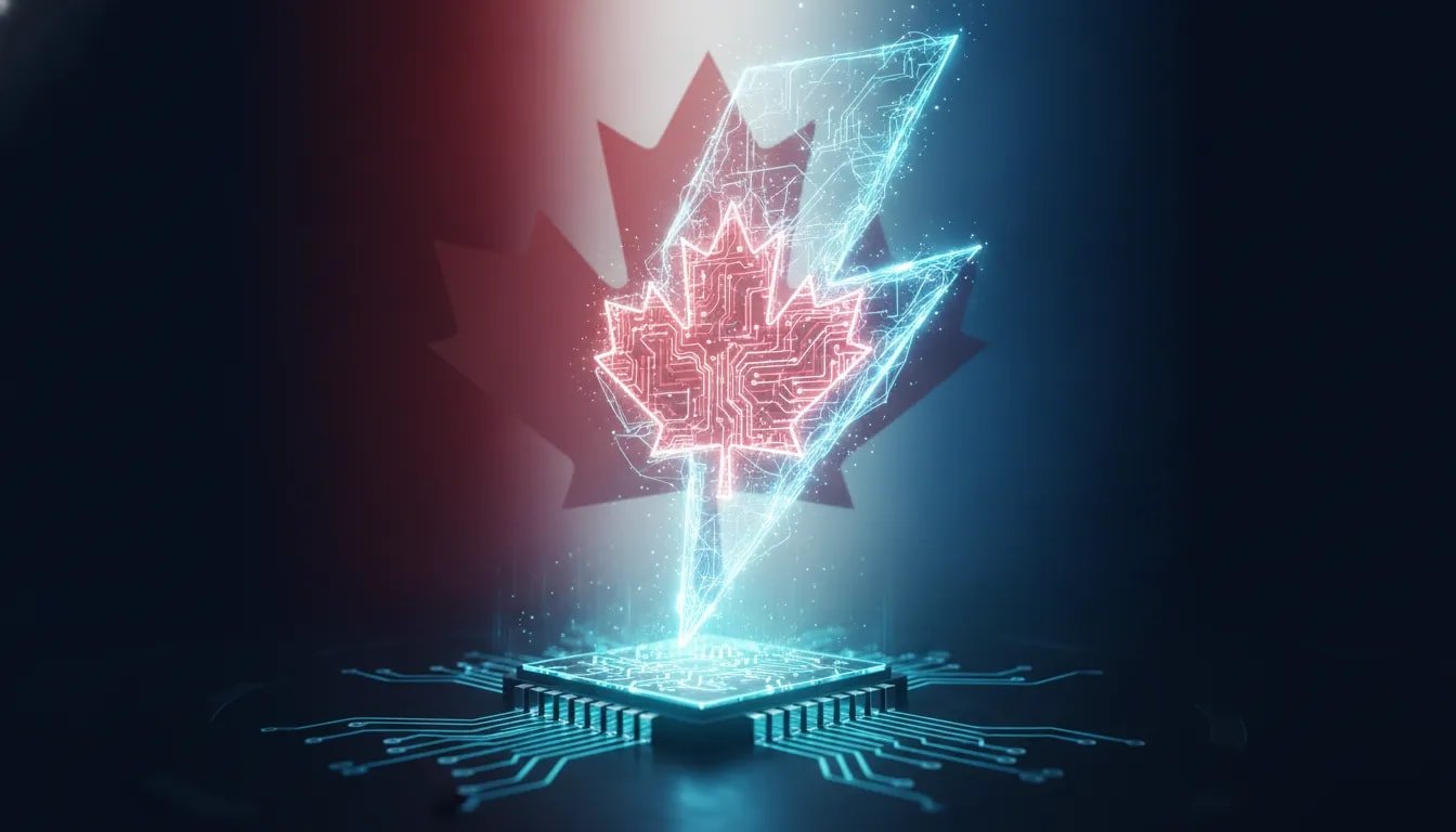 Futuristic depiction of an ultra-efficient AI model with a glowing neural network flash and compact microchip motif, featuring subtle Canadian maple-leaf circuitry elements